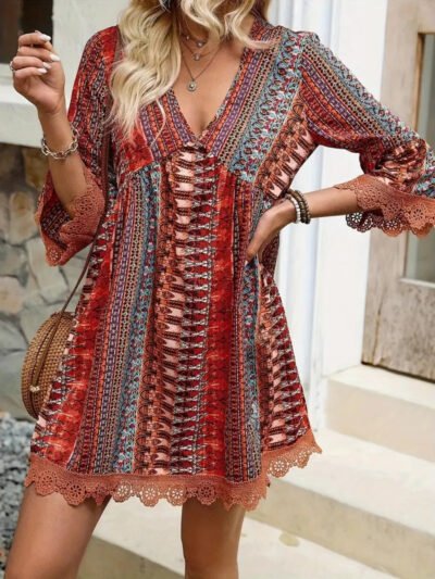 Lace Trim Printed V-Neck 3/4 Sleeve Dress 03769f61-4794-4ce3-b865-00091d49cebd-Max