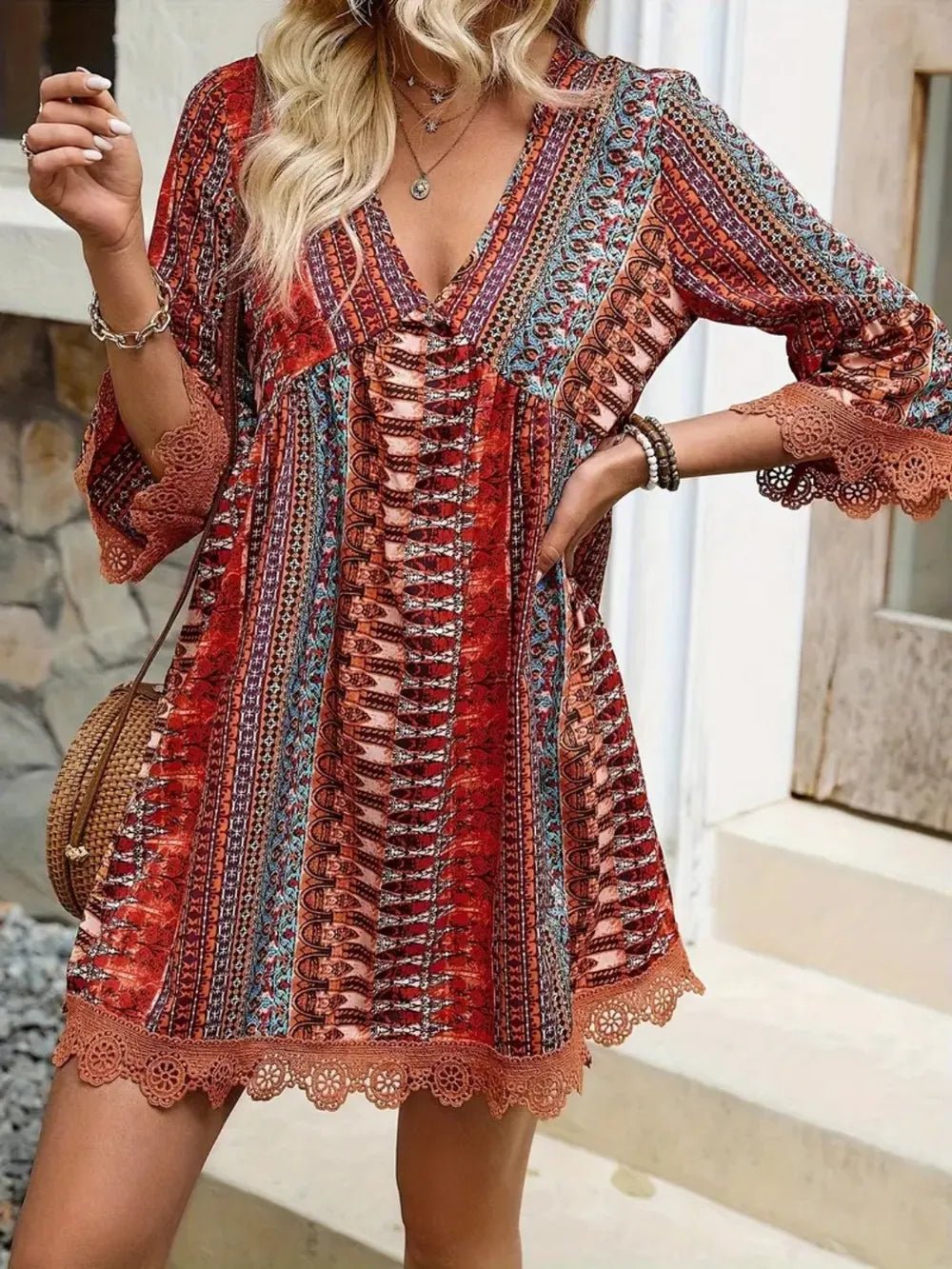 Lace Trim Printed V-Neck 3/4 Sleeve Dress 03769f61-4794-4ce3-b865-00091d49cebd-Max