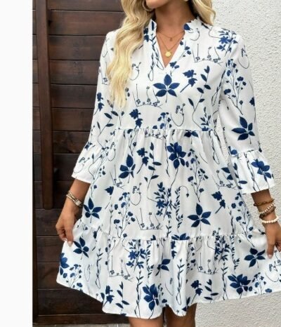 Loose V-neck Ruffle Floral Dress For Women Loose V-neck Ruffle Floral Dress For Women