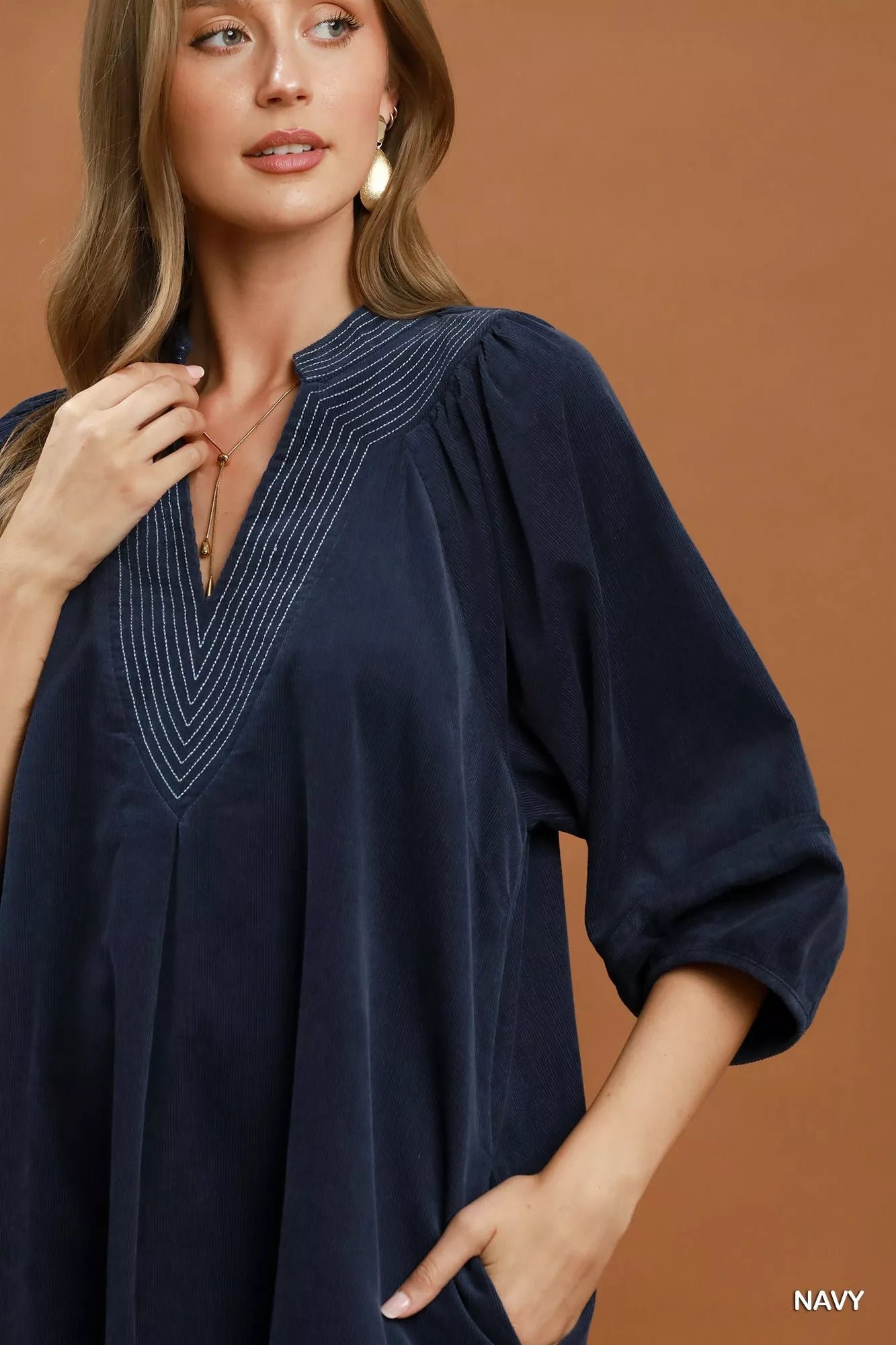 Umgee Corduroy V-Neck Puff Sleeve Shift Dress with Pockets 04ecf41c-52e8-4e85-aebf-87fcda121395-Max-Origin