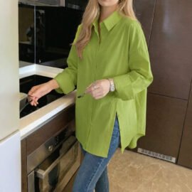 Women's button side slit shirt with relaxed drop shoulder fit
