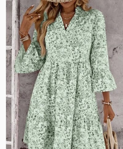 Loose V-neck Ruffle Floral Dress For Women Loose V-neck Ruffle Floral Dress For Women