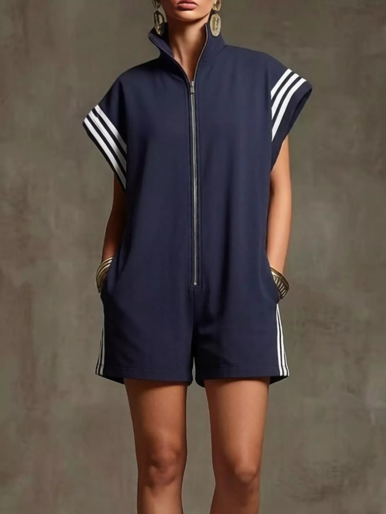 Striped Zip Front Short Sleeve Romper 05e489a0-3b5d-441e-bf1a-7e439106abef-Max-Origin
