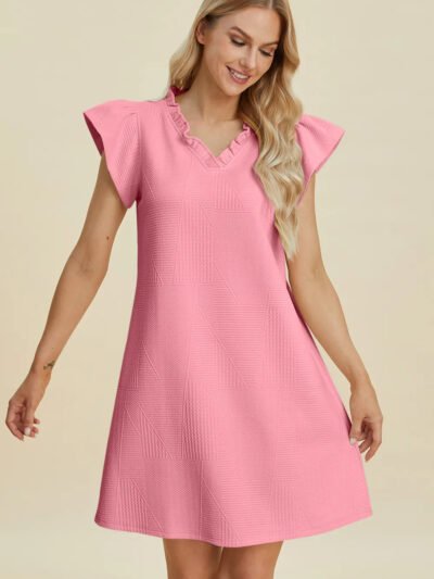 Double Take Full Size Ruffled V-Neck Cap Sleeve Dress 0a2416b3-92d5-4d52-8dda-836b5f24eddf-Max