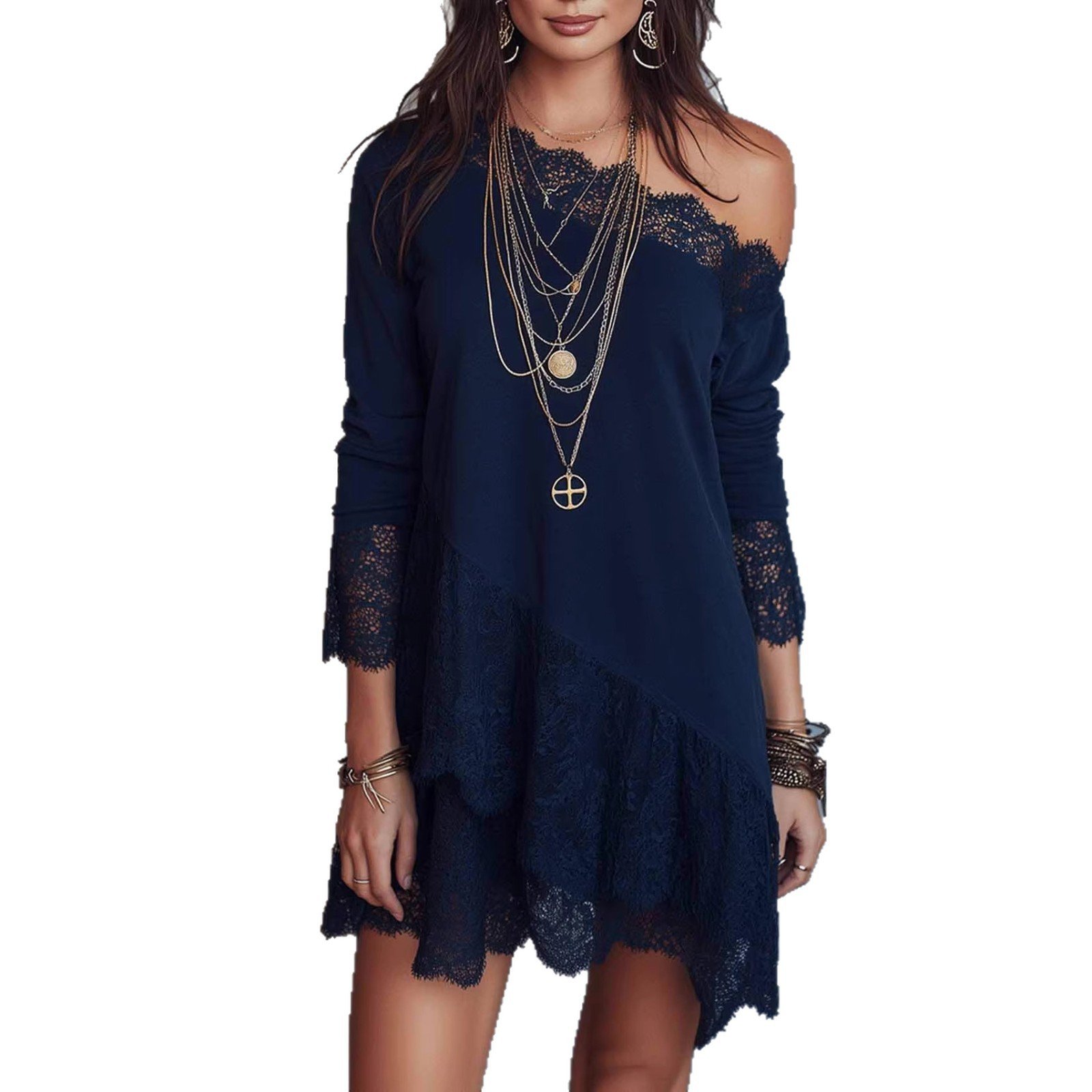 Casual Western-style Lace-Patchwork Loose Short Dress Casual Western-style Lace-Patchwork Loose Short Dress - Image 4