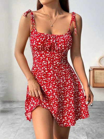 Floral Print Dress Summer Sweet A- Line Waist Trimming Dresses Women's Slimming Casual Clothing