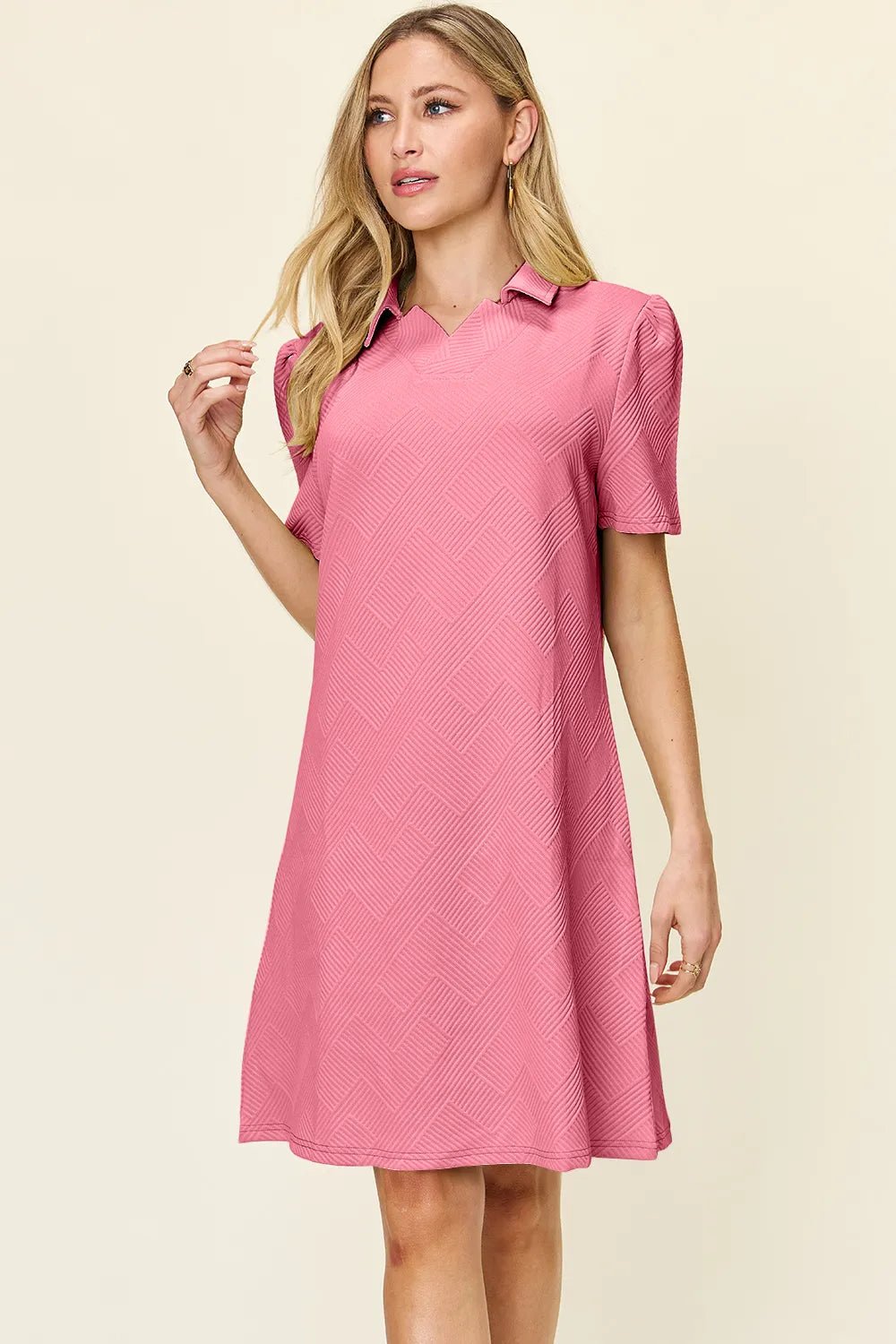 Double Take Full Size Texture Collared Neck Short Sleeve Dress 0f8490f5-cac4-4cd5-9a3c-7428f774ed72-Max
