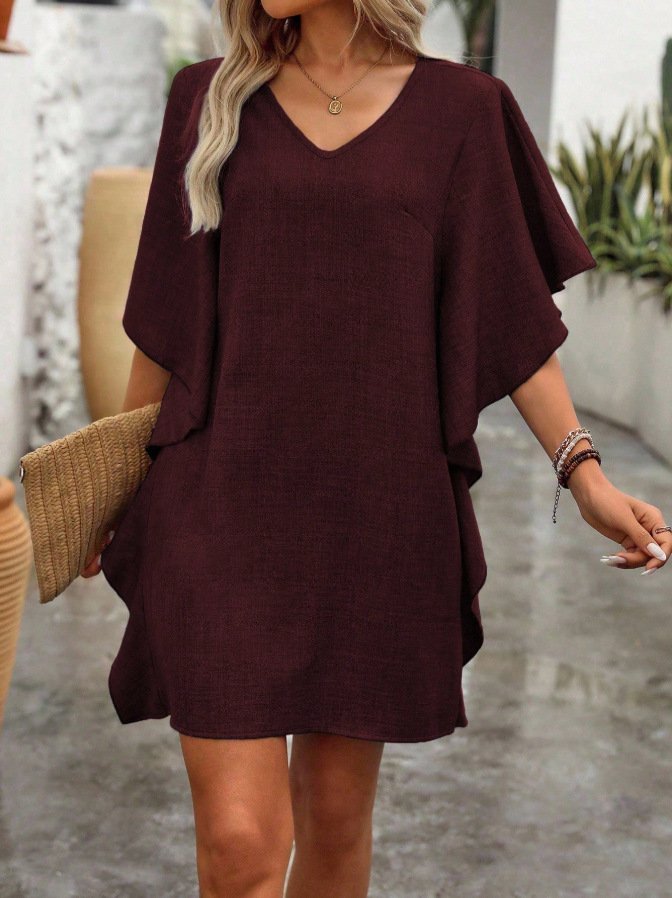 Solid-color Loose-fitting Flowing V-neck Dress With Ruffled Hem Solid-color Loose-fitting Flowing V-neck Dress With Ruffled Hem - Image 8