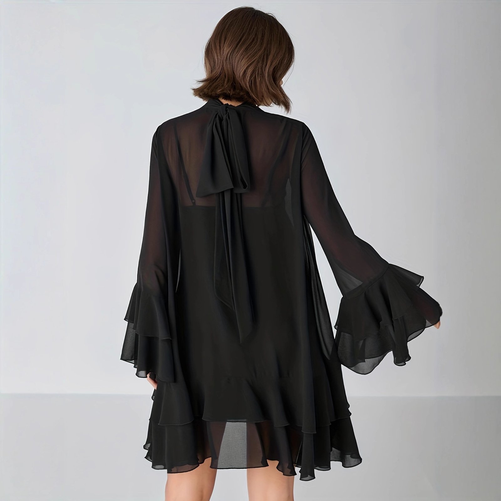 Chiffon Half-high Neck Dress With Flared Sleeves Chiffon Half-high Neck Dress With Flared Sleeves - Image 4