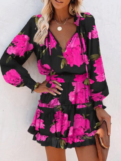 Flowers Print Long Sleeve Dress Fashion Patchwork Puff Sleeve Waist Dresses Womens Clothing