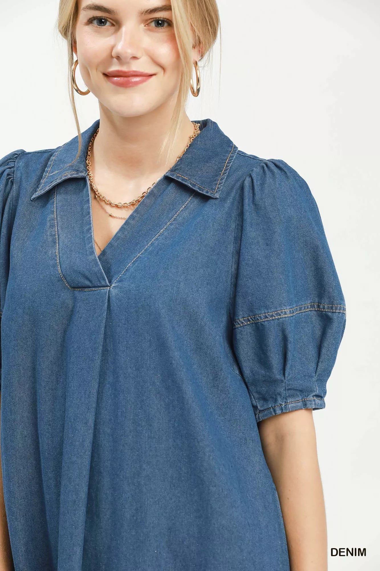 Umgee Chambray Collared Puff Sleeve Dress 166e5b2d-20d7-4d94-8318-1b1e5df4dab5-Max-Origin
