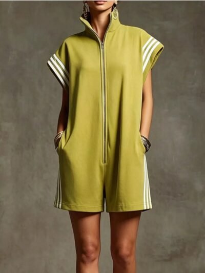 Striped Zip Front Short Sleeve Romper 16778205-2907-4a21-93d4-3aac71534c7b-Max-Origin