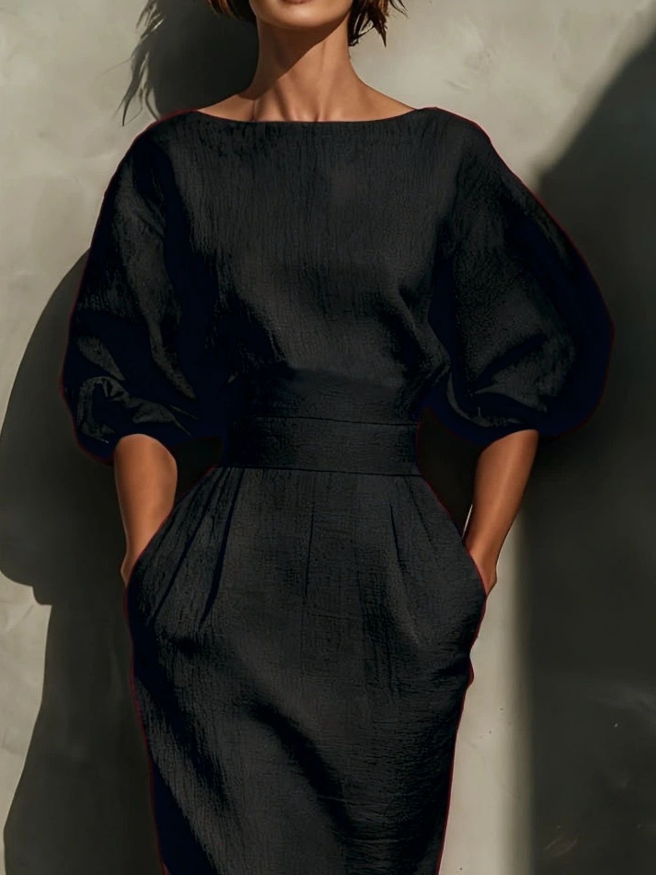 Round Neck Puff Sleeves Midi Dress 16f396a9-d80c-40d1-ae55-9ba70c2f98ef-Max