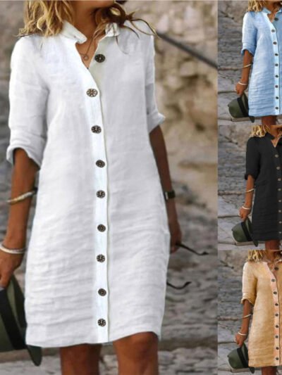 Half-sleeved Shirt Dress Summer V-neck Single-breasted Button Dresses Women's Clothing
