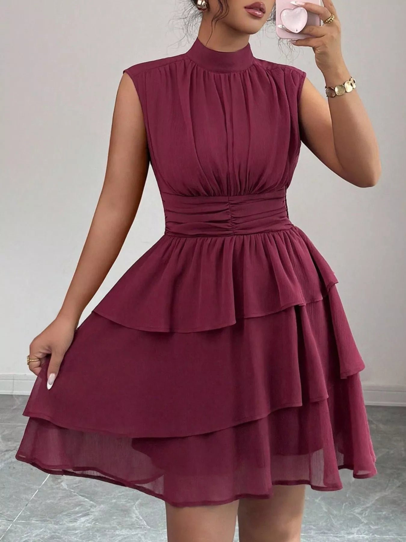 Sleeveless Mock Neck Layered Ruffle Dress 18f2bd96-032d-4c2f-bfaa-734d670955b4-Max-Origin
