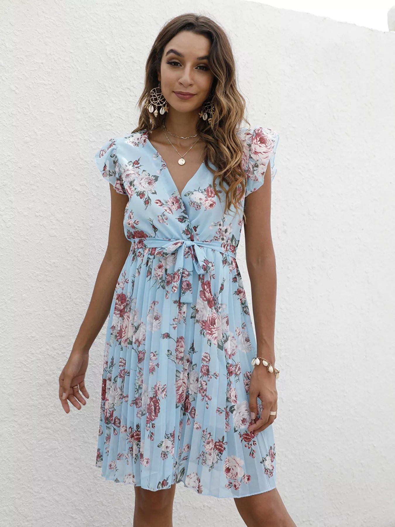 Pleated Floral Print Ruffle Sleeve Dress 1a702e317eaa4574816ffd6053cb74db-Max-Origin