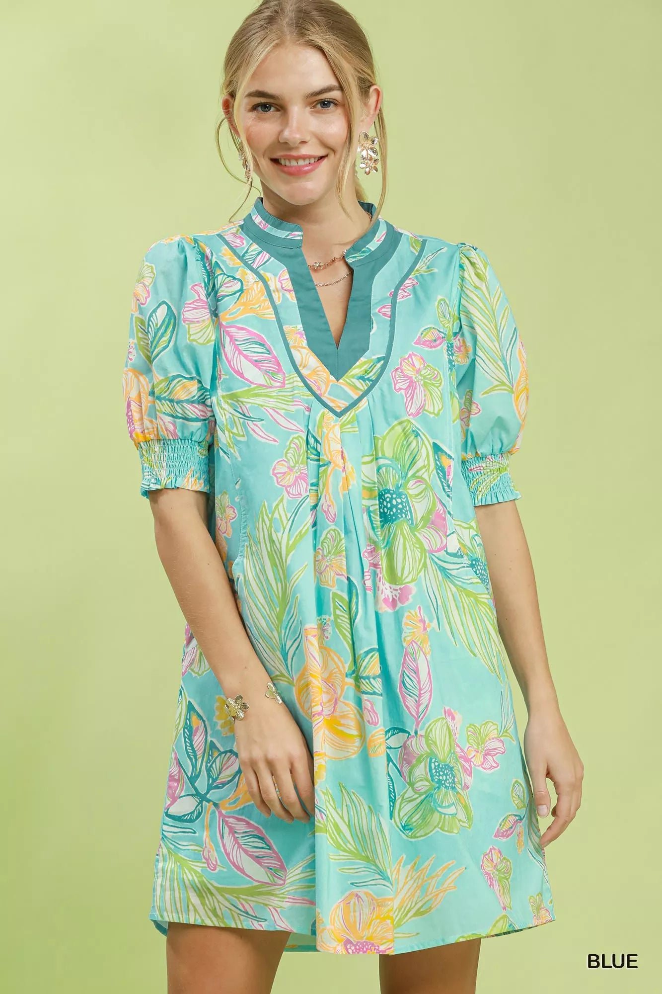 Umgee Botanical Print Dress with Smocked Cuffs 1badb3e3-6a8a-472f-877e-9e9888a86227-Max-Origin
