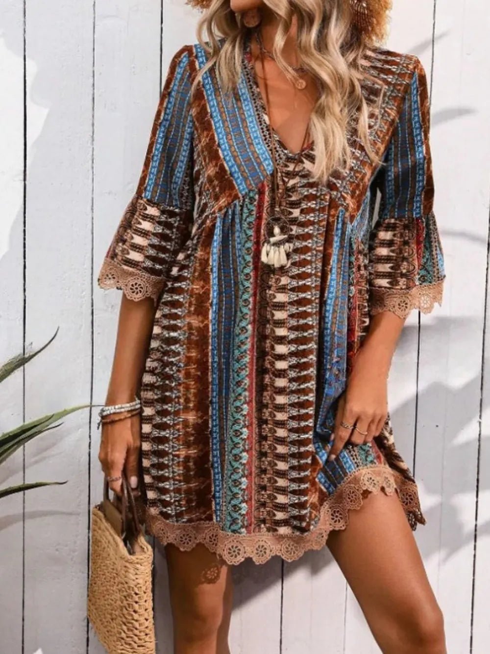 Lace Trim Printed V-Neck 3/4 Sleeve Dress 1c1d4ff9-259f-4233-8b46-b9dde35b9fbf-Max