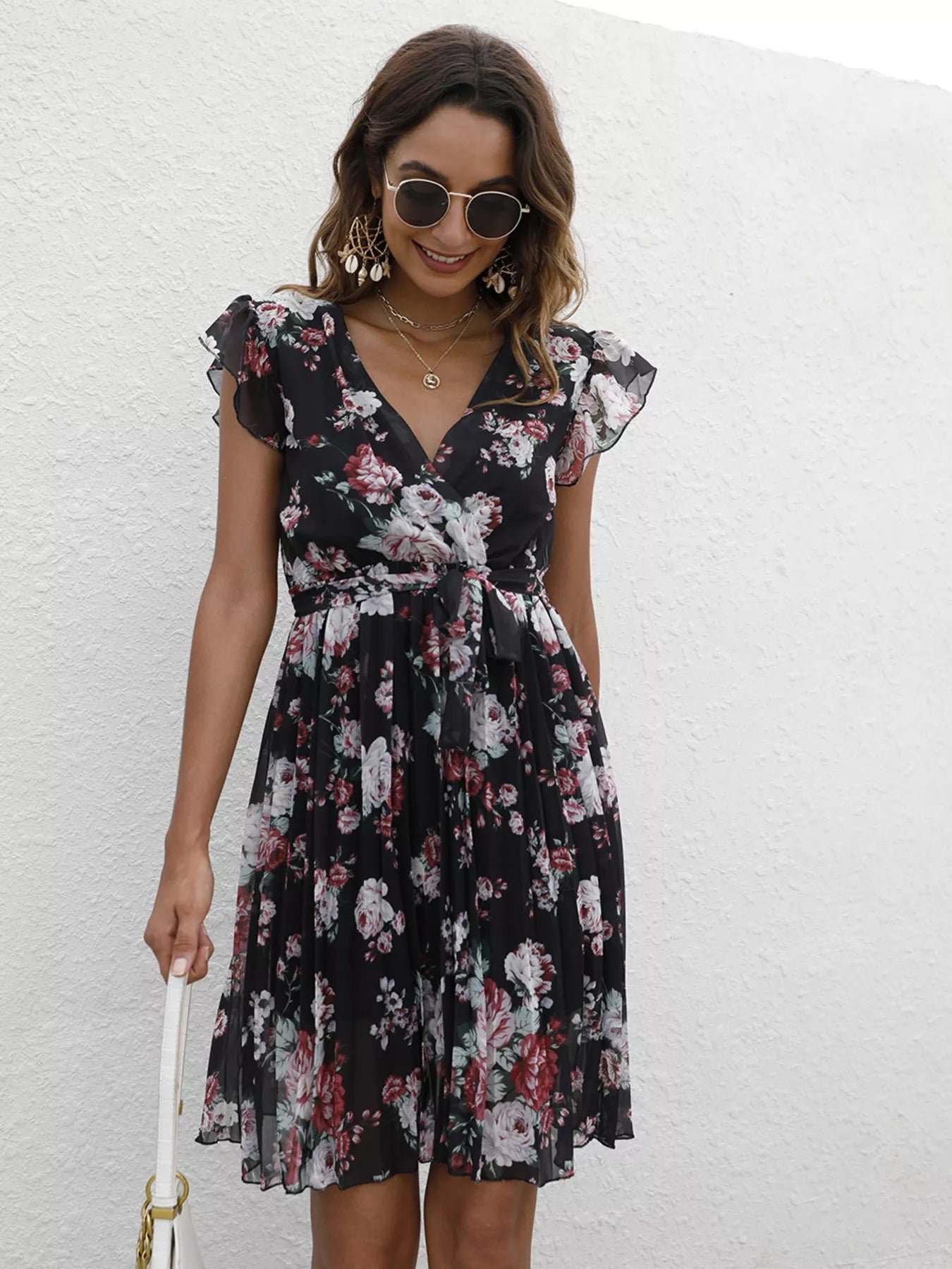 Pleated Floral Print Ruffle Sleeve Dress 1cdc2cab99144217bcb1c4032565ae3e-Max-Origin