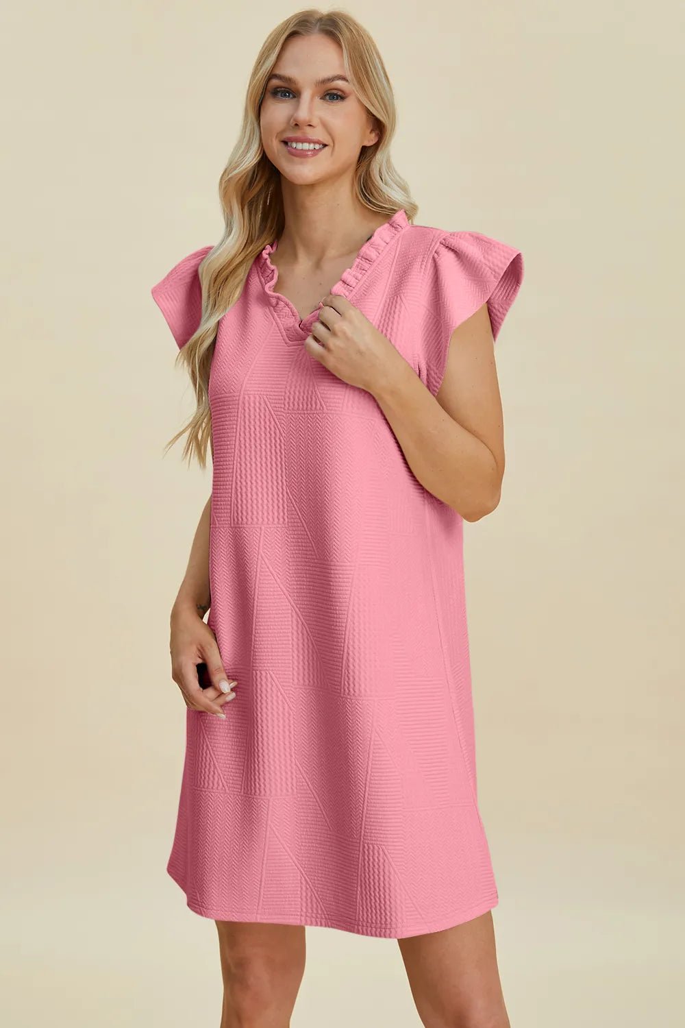Double Take Full Size Ruffled V-Neck Cap Sleeve Dress 1df4aaef-1b28-4d0c-aa1b-490e7bbc3e05-Max