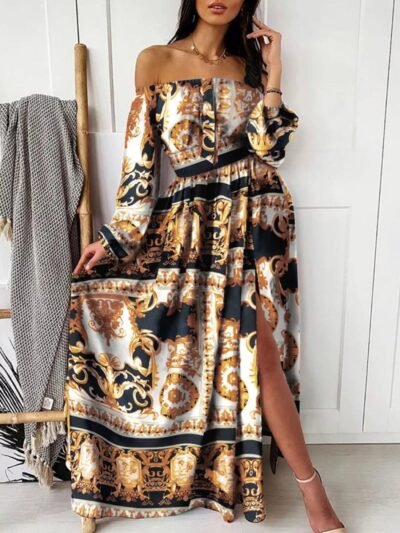Slit Printed Off Shoulder Maxi Dress 3f990e284fe44389b3f2350af45f98c3-Max-Origin