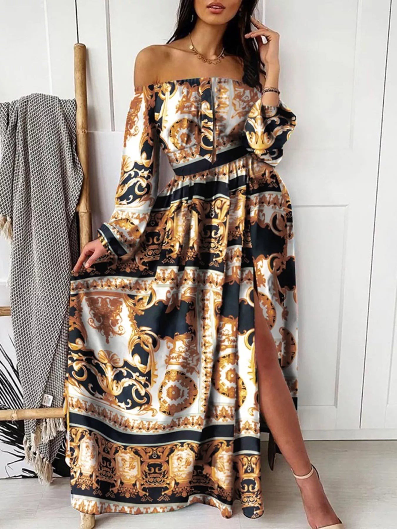 Slit Printed Off Shoulder Maxi Dress 3f990e284fe44389b3f2350af45f98c3-Max-Origin