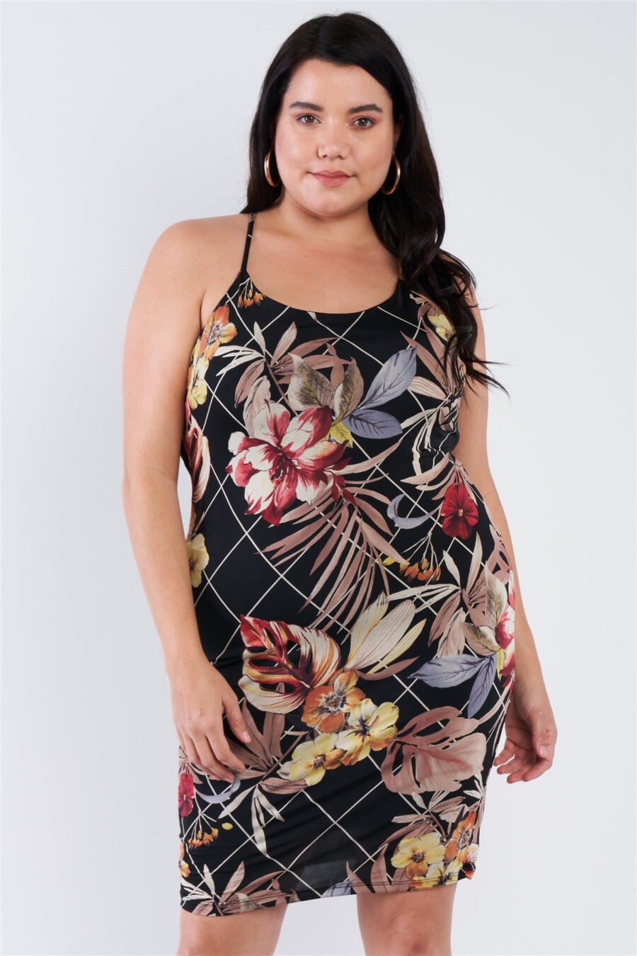 Plus Size Criss-Cross Open Back Mini Floral Print Dress in vibrant floral design