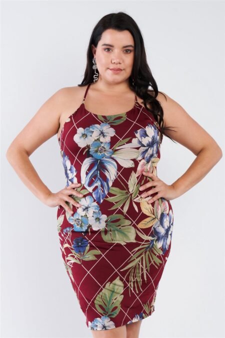 Plus Size Criss-Cross Open Back Mini Floral Print Dress in vibrant floral design