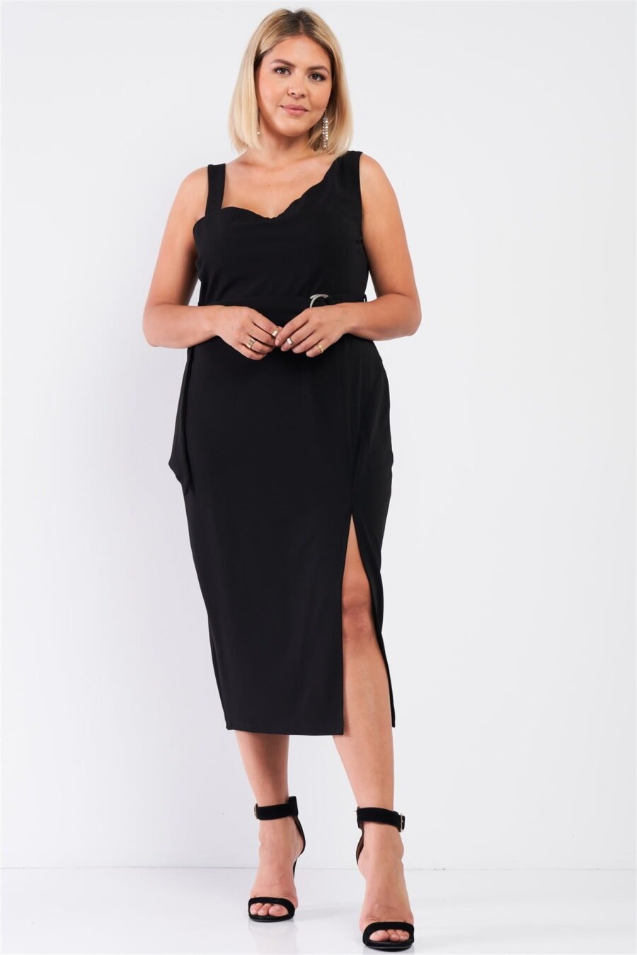 Plus Sleeveless Asymmetrical Shoulder Front Slit Detail Belted Dress