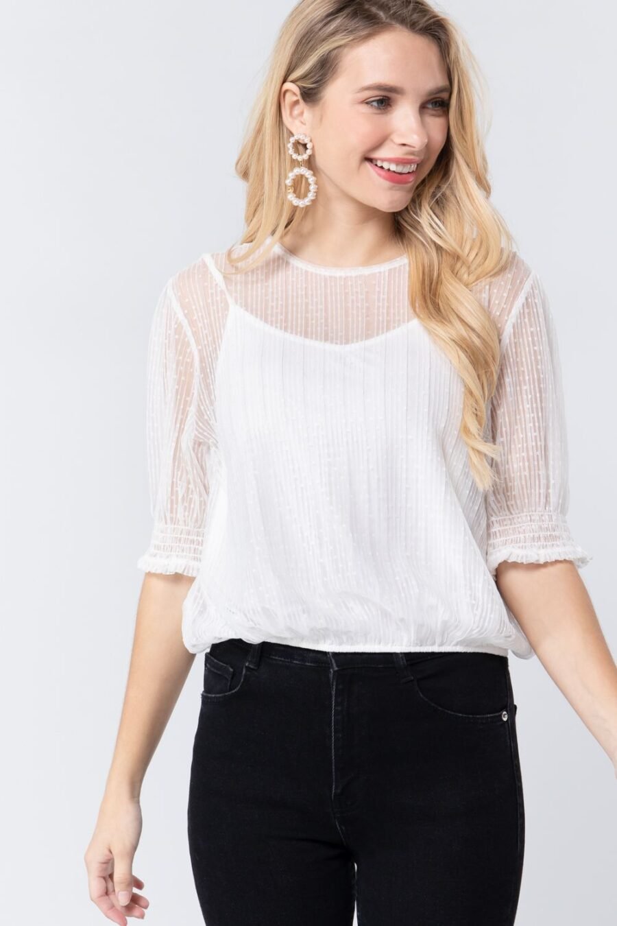 Elbow Sleeve Dot Mesh Top Inner Cami