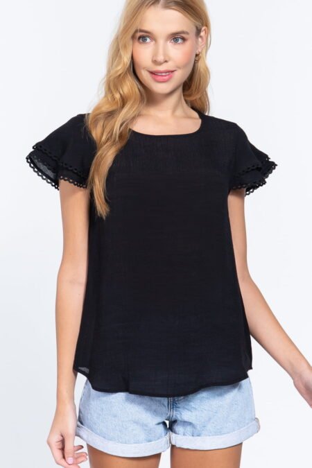 Short Cap Ruffl Sleeve Black Top