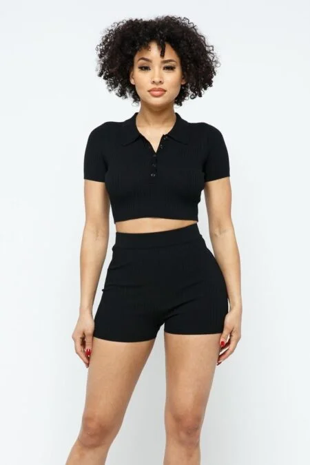 collar crop top and shorts set