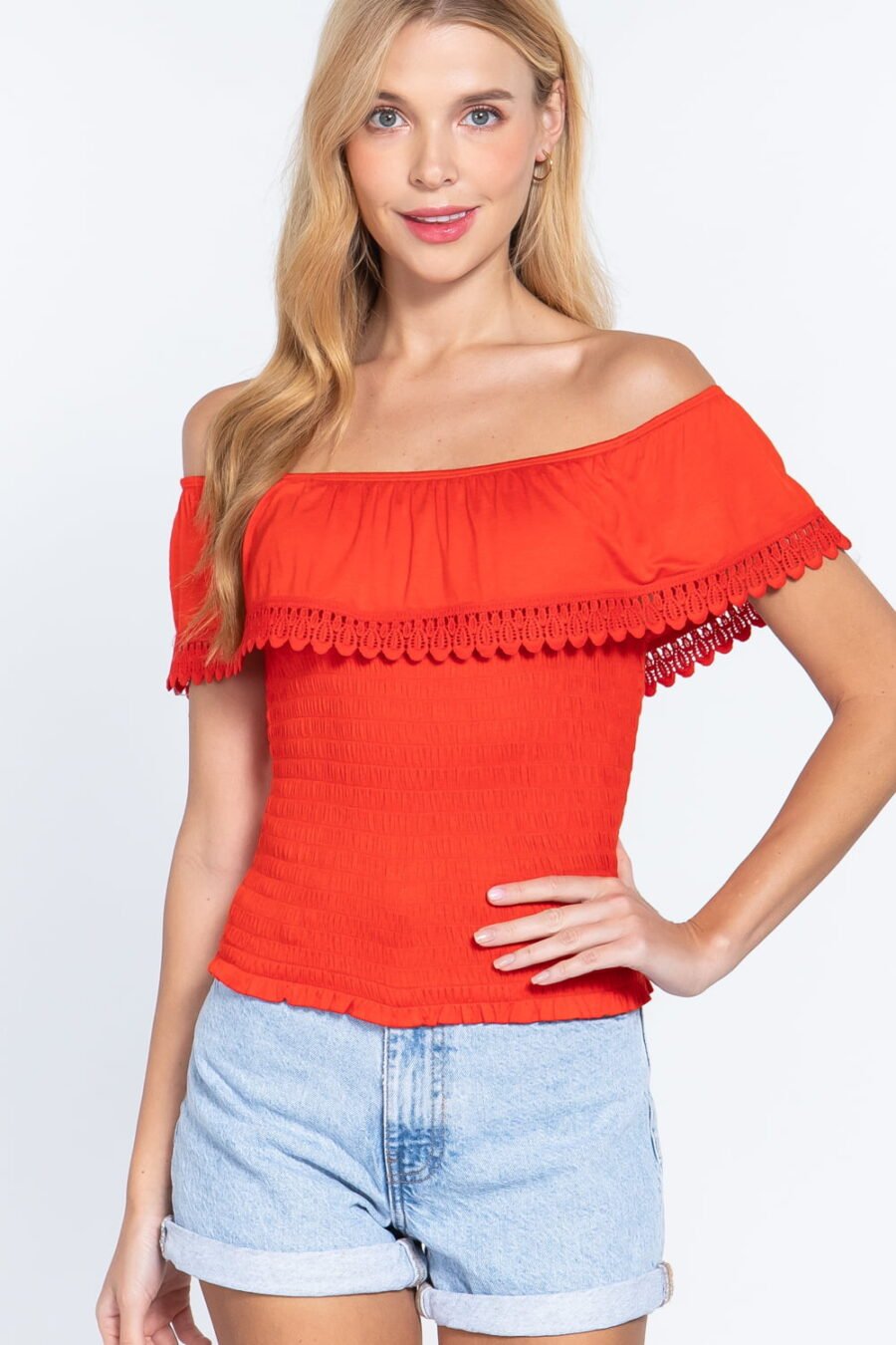 Off Shoulder Lace Smocked Top