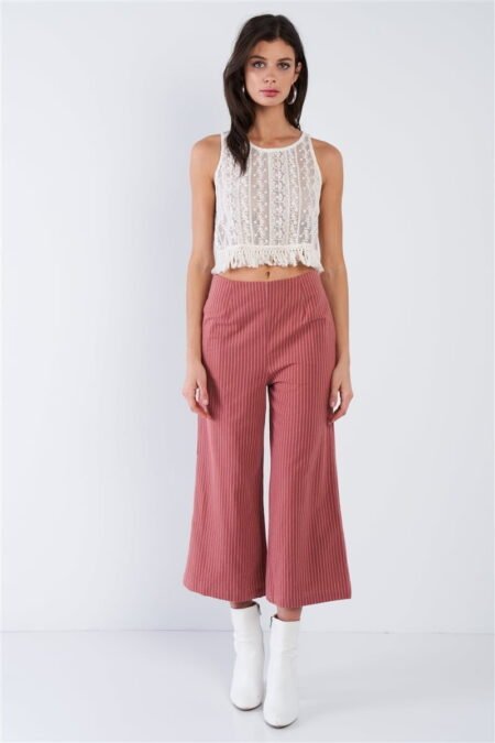 Dusty Rose Pink Cotton Pinstripe Gaucho Pants with white stripes, mid-rise, wide-leg design, and hidden back zipper, ideal for casual or office wear