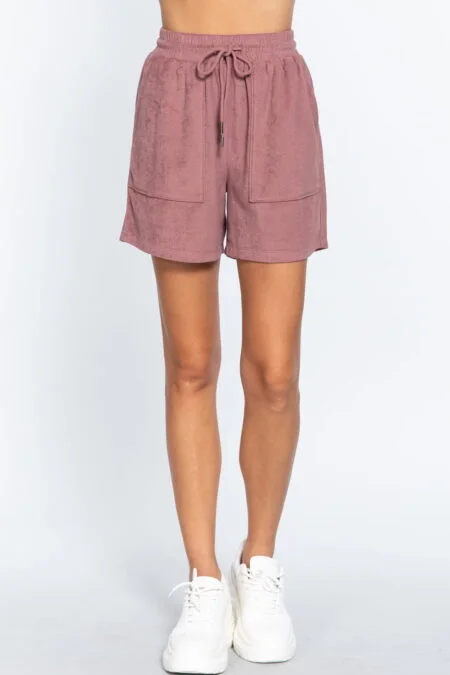 Terry Toweling Shorts in various colors (Black, Mocha, Olive, Stone Blue, Vintage Pink) with drawstring waistband and pocket detail, perfect for summer casual wear