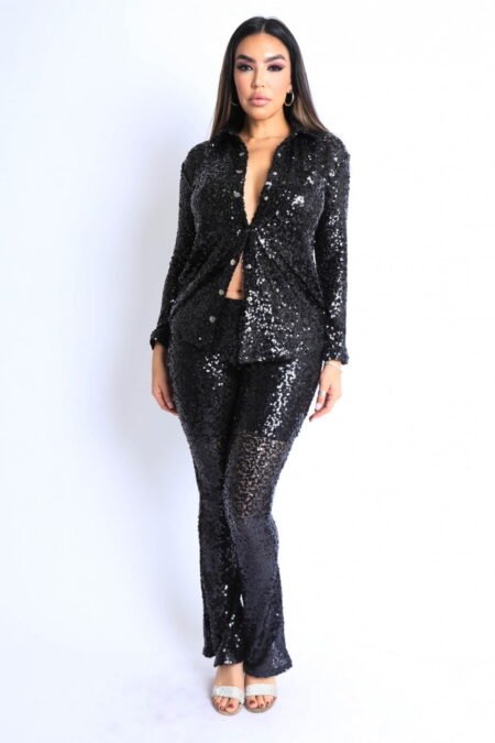 Sequin Button Down Shirt and Pant Set in Silver and Black