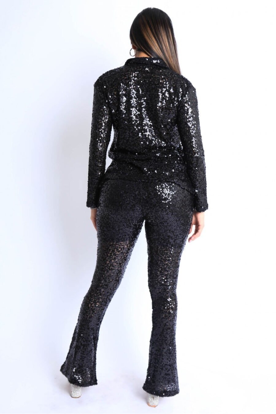 Sequin Button Down Shirt and Pant Set in Silver and Black