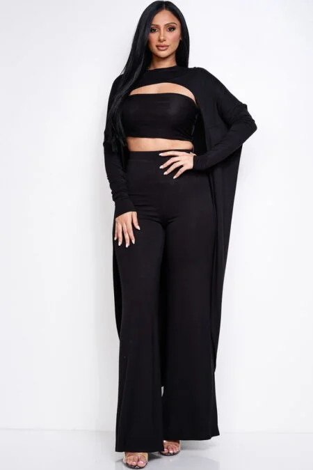 Long Sleeve Overlay Cloak With Tube Top and Wide Leg Pants Set