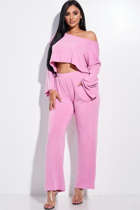 Off Shoulder Long Slouchy Sleeve Crop Top and Wide Leg Pants Set