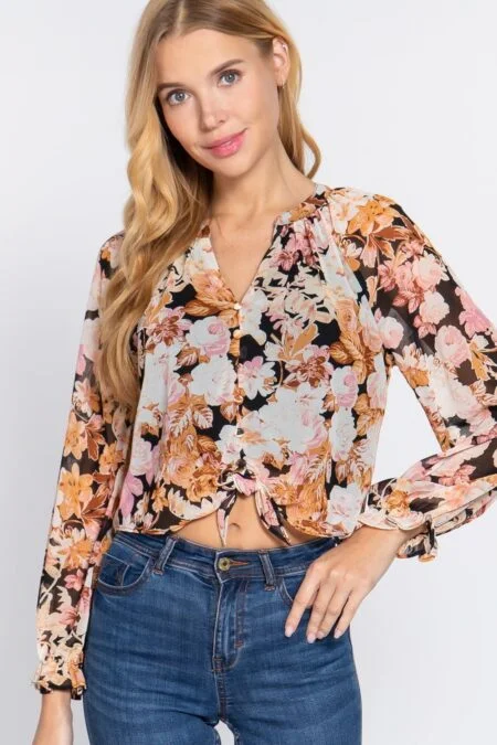 Front Tie Detail Floral Print Woven Blouse in Black - V-neck Long Sleeve Blouse with Front Tie Detail