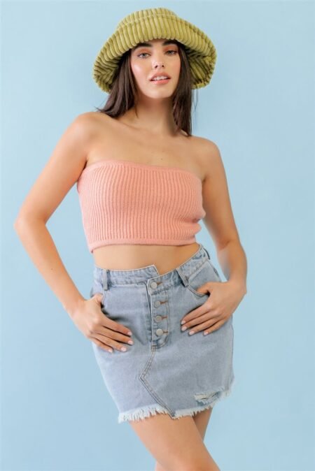 Dusty Peach Knit Strapless Crop Top - Semi-Stretchy Knit Crop Top in Dusty Peach for Casual Outfits