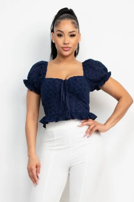 Eyelet Cotton Embroidered Crop Top in Navy - Feminine Top with Smocked Back and Peplum Hem