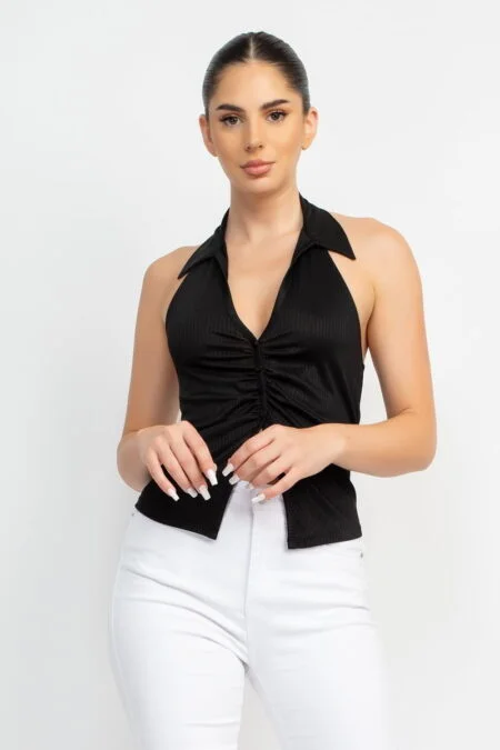 Knit Chic Backless Halter Ruched Tops