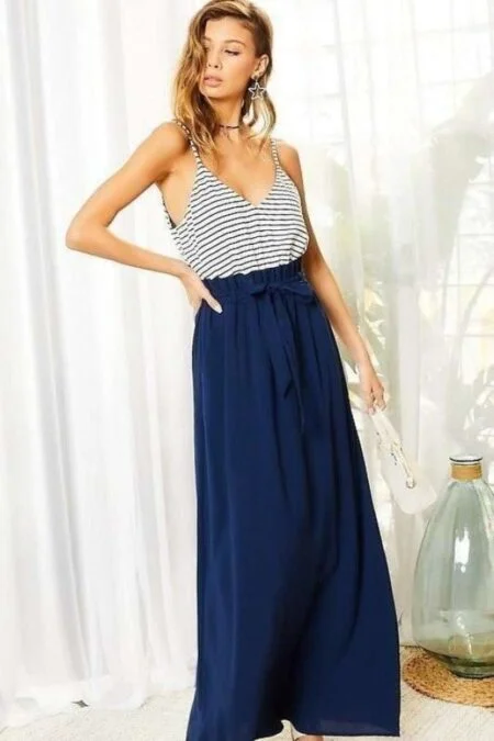 Striped Print Cami Top High Waist Maxi Dress