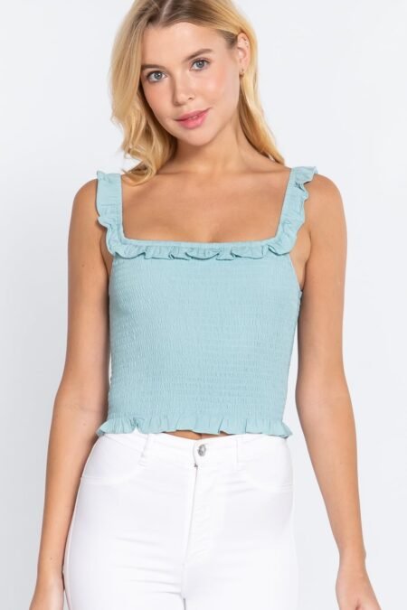 Smocking Ruffle Cami Woven Top in Mint - Lightweight Rayon Cami with Smocked Bodice and Ruffle Details