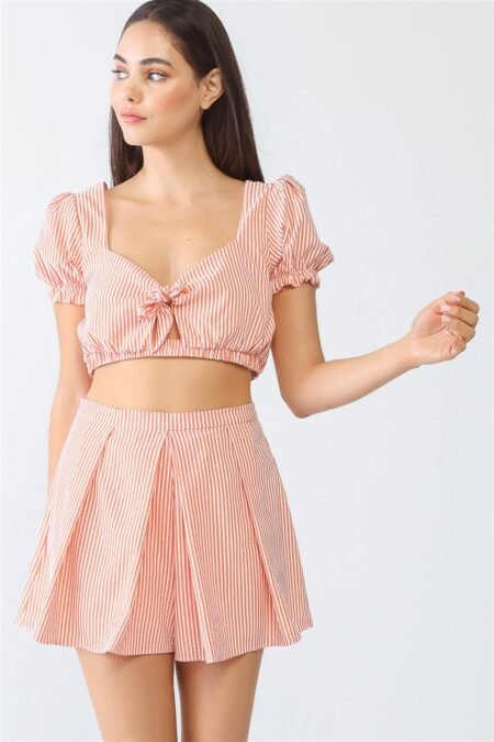 Striped Puff Sleeves Crop Top Short Set