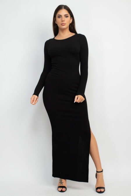 Black knitted bodycon maxi dress with long sleeves and side slit