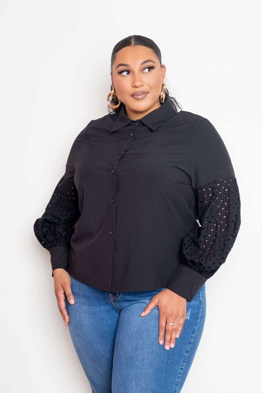 Plus Size Blouse with Punched Sleeves available in White and Black with a shirt collar and button detail