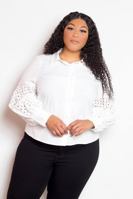 Plus Size Blouse with Punched Sleeves available in White and Black with a shirt collar and button detail.