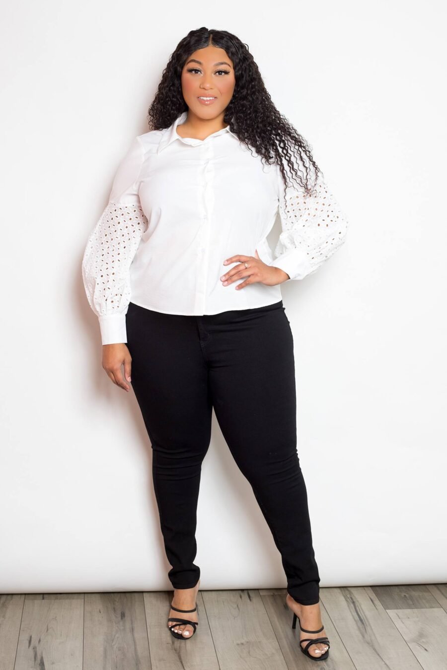 Plus Size Blouse with Punched Sleeves available in White and Black with a shirt collar and button detail